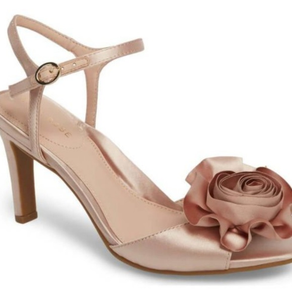 Jacklyn Crystal Satin Dress Sandals Blush Pink Nude Slingbacks with 3D Flowers - Picture 6 of 12